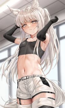 1girl absurdres animal_ears arknights breasts highres looking_at_viewer midriff navel platinum_(arknights) putcho shorts small_breasts sweat sweatdrop tagme tail