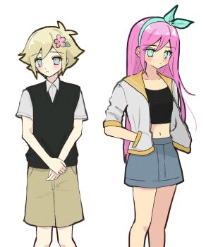 1boy 1girl aubrey_(faraway)_(omori) aubrey_(omori) basil_(faraway)_(omori) basil_(omori) blonde_hair blue_eyes blue_hairband blue_skirt blush brown_shorts closed_mouth collarbone collared_shirt crop_top denim denim_skirt double-parted_bangs flower green_sweater_vest hair_between_eyes hair_flower hair_ornament hairband hands_in_pockets highres jacket long_hair looking_at_viewer navel omori open_clothes open_jacket pink_hair shirt short-sleeved_jacket short_hair short_sleeves shorts sidelocks simple_background skirt sweater_vest true_erg white_background white_jacket white_shirt