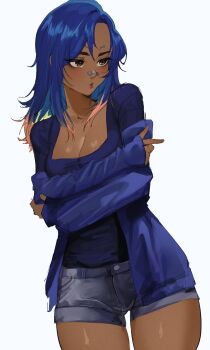 1girl alternate_costume blue_hair blue_shirt blue_sweater blush breasts brown_eyes brown_lips cleavage cowboy_shot crossed_arms dark-skinned_female dark_skin denim denim_shorts feiyuu highres large_breasts long_hair multicolored_hair neon_(valorant) orange_hair pursed_lips shirt short_shorts shorts simple_background solo square_neckline standing sweater thighs valorant white_background