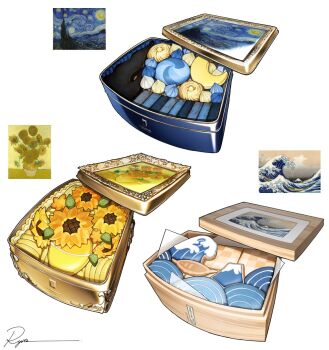 biscuit_(bread) box commentary cookie fine_art_parody food food_focus foodification gift gift_box highres kanagawa_okinami_ura katsushika_hokusai_(1760) no_humans original parody ryota_(ry_o_ta) simple_background starry_night_(van_gogh) sunflowers_(van_gogh) symbol-only_commentary white_background