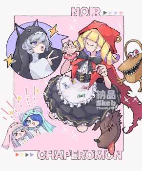 Rule 34 | > <, 3girls, basket, black skirt, blonde hair, blue hair, border, brown shoes, chaperomon, commentary request, digimon, digimon (creature), drill hair, evolutionary line, fang, grey hair, hair over one eye, highres, hood, hood up, medium hair, multiple girls, nagoshi, nun, pink background, red hood, shirt, shoes, simple background, sistermon blanc, sistermon ciel, sistermon noir, skirt, spoken character, stitched face, stitches, twin drills, v, white border, white shirt