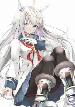 Rule 34 | 1girl, ahoge, animal ears, armored boots, black pantyhose, blue eyes, blue skirt, boots, commentary, hand up, horse ears, iyo (ya na kanji), jacket, long hair, looking at viewer, oguri cap (starlight beat) (umamusume), oguri cap (umamusume), pantyhose, red neckwear, sailor collar, silver boots, simple background, skirt, solo, umamusume, very long hair, white background, white hair, white jacket