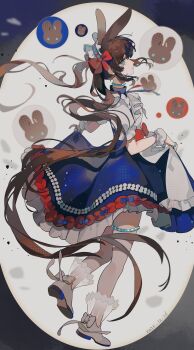 1girl absurdres amiya_(arknights) animal_ears arknights blue_dress blue_eyes bow brown_hair chinese_commentary commentary_request dress floating_hair frilled_dress frills from_side full_body grey_shoes hair_between_eyes hair_bow hairband highres jewelry long_hair looking_at_viewer official_alternate_costume official_alternate_hairstyle procreate_(medium) profile puffy_short_sleeves puffy_sleeves rabbit_ears rabbit_girl red_bow ring shoe_soles shoes short_sleeves skirt_hold socks solo standing twintails very_long_hair white_hairband white_socks wrist_cuffs yi_duo_luohua