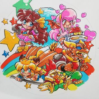 2boys 3girls animal_ears bat_wings bird_boy black_eyes blue_boots blue_eyes blue_gloves boots brown_cape brown_hair cape chibi chibi_only chicken_boy closed_mouth colored_sclera commentary_request crime_crackers dragmn dragon_boy dragon_horns dress emilia_f._alkanet eyepatch facial_mark fang fingerless_gloves fox_ears fox_girl fox_tail furry furry_male gloves green_pants gun hair_ornament hairband handgun heart highres holding holding_gun holding_sword holding_weapon horns jacket kokomahi leaza_(crime_crackers) long_hair moon multiple_boys multiple_girls necktie non-humanoid_robot open_clothes open_jacket open_mouth pants pantyhose parrot_(crime_crackers) pink_dress pink_gloves pink_hair pink_jacket pink_skirt pleated_skirt pointy_ears popuri_vampu rainbow red_eyes red_jacket red_necktie red_shirt red_wings robot sharp_teeth shirt sitting skirt smile smoking_pipe standing star_(symbol) sword tail teeth traditional_media weapon white_gloves wings wristband yellow_boots yellow_hairband yellow_sclera yellow_shirt
