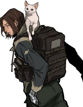 1boy animal animal_on_shoulder backpack bag beard_stubble black_bag brown_hair bucky_barnes captain_america:_the_winter_soldier captain_america_(series) cat cat_on_shoulder cigarette facial_hair hand_in_pocket highres hood hooded_jacket irispardom jacket male_focus marvel mechanical_arms medium_hair parted_bangs parted_lips single_mechanical_arm solo stubble upper_body white_background white_cat