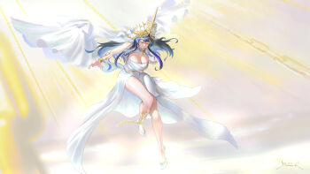 Rule 34 | 1girl, absurdres, blue hair, breasts, chain, cleavage, closed eyes, crown, dreamoon-q, floating, floating clothes, floating hair, full body, gold chain, highres, holocouncil, hololive, hololive english, holopromise, light rays, long hair, midair, multicolored hair, ouro kronii, ouro kronii (goddess), outdoors, outstretched arms, solo, sunbeam, sunlight, two-tone hair, veil, virtual youtuber