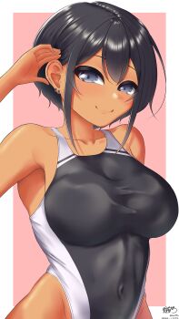 1girl arisu_(alice1019sm) black_hair black_one-piece_swimsuit breasts commentary_request competition_school_swimsuit covered_navel dark-skinned_female dark_skin grey_eyes highleg highleg_one-piece_swimsuit highres large_breasts looking_at_viewer one-piece_swimsuit original school_swimsuit short_hair solo swimsuit tan tomboy two-tone_swimsuit