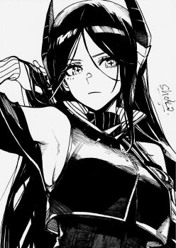 1girl absurdres arknights arm_up bare_shoulders chinese_commentary closed_mouth commentary cross-shaped_pupils greyscale hair_between_eyes hair_lift hand_in_own_hair highres ines_(arknights) light_frown long_hair looking_at_viewer monochrome parted_bangs shako_xc signature simple_background solo symbol-shaped_pupils upper_body white_background