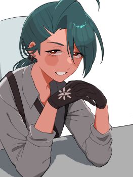 1girl absurdres black_gloves blush blush_stickers bright_pupils collared_shirt commentary_request earrings elbows_on_table eyelashes gloves green_hair grey_shirt highres jewelry koucha_(pankeki_koucha) long_sleeves looking_at_viewer nintendo own_hands_together pokemon pokemon_sv ponytail red_eyes rika_(pokemon) shirt simple_background smile solo suspenders white_background white_pupils