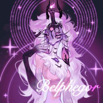 1girl alangaaaaaa belphegor_(helluva_boss) demon_girl demon_horns dress extra_eyes furry furry_female hellaverse helluva_boss highres horizontal_pupils horns long_eyelashes looking_at_viewer pink_dress pink_eyes sheep_girl solo