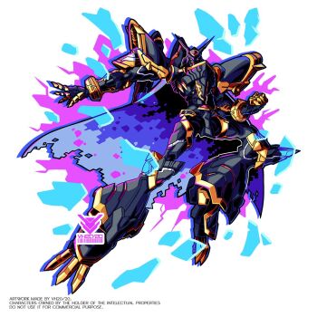alphamon armor black_armor black_helmet blue_cape cape clenched_hand commentary digimon digimon_(creature) forehead_jewel full_body helmet highres simple_background vh20/20 white_background yellow_eyes
