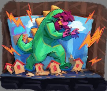 1girl claw_pose colored_sclera colored_skin colored_teeth crushing deltarune dinosaur_costume dinosaur_hood dinosaur_tail grin highres hood hood_up long_hair looking_at_viewer messy_hair miniature model pink_scales pink_skin purple_hair sharp_teeth sideways_glance smile solo spoilers starcat_bloom stepping stitches susie_(dark_world)_(deltarune) susie_(deltarune) susiezilla tail teeth utdr_(toby_fox) yellow_sclera yellow_teeth