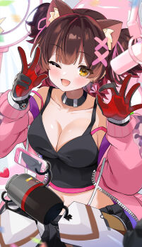 1girl absurdres animal_ears black_choker black_gloves black_shirt blush breasts brown_hair cat_ears choker cleavage commentary_request gloves hair_ornament highres hololive hood hoodie large_breasts looking_at_viewer medium_hair official_alternate_costume open_clothes open_hoodie pink_hoodie red_gloves roboco-san roboco-san_(open_pink_hoodie) satobitob shirt solo two-sided_gloves two_side_up virtual_youtuber x_hair_ornament yellow_eyes