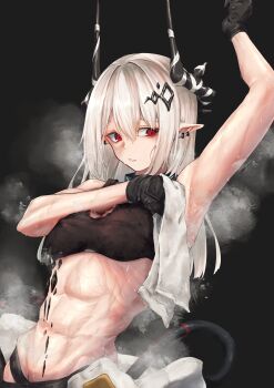 1girl abs absurdres arknights arm_up bare_shoulders black_gloves black_horns black_sports_bra bottomless breasts covered_erect_nipples earrings gloves grey_background grey_hair grey_jumpsuit groin groin_tendon hair_between_eyes hair_ornament hand_up hashtag-only_commentary highres holding holding_towel horns hot infection_monitor_(arknights) jewelry jumpsuit kuromu long_hair looking_to_the_side material_growth medium_breasts mudrock_(arknights) mudrock_(elite_ii)_(arknights) navel oripathy_lesion_(arknights) parted_lips pointy_ears red_eyes sarashi simple_background solo sports_bra steam steaming_body stomach sweat sweaty_clothes toned toned_female towel upper_body very_sweaty wiping_sweat