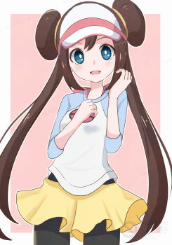 1girl :d aoneko4ao_(edwf7745) blue_eyes border bright_pupils brown_hair commentary cowboy_shot double_bun hair_bun hands_up happy highres long_hair looking_at_viewer nintendo open_mouth outside_border pink_background pokemon pokemon_bw2 raglan_sleeves rosa_(pokemon) shirt shorts smile solo three-quarter_sleeves twintails visor_cap white_border white_pupils yellow_shorts