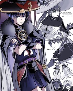 1girl 3boys alternate_universe aqua_eyes artist_name black_bodysuit black_hat black_kimono black_rope blunt_ends bodysuit bow choker choppy_bangs closed_mouth coat coat_on_shoulders commentary crescent crescent_hat_ornament crossed_arms english_commentary english_text eye_mask fatui_agent_(genshin_impact) fatui_coat fingernails fur_collar furisode genshin_impact gloves gold gold_trim hair_between_eyes hair_bow hair_intakes hand_on_own_arm hand_up hat hat_ornament highres hood hood_up japanese_clothes jewelry jingasa juban kacchan_09 kimono lapels layered_sleeves long_hair looking_at_viewer mandarin_collar mask mitsudomoe_(shape) mona_(genshin_impact) monochrome_background multiple_boys neck_ring o-ring open_clothes open_coat open_hand open_mouth ponytail_holder purple_eyes purple_hair purple_sash purple_shorts purple_sleeves red_hat red_kimono rope sash scaramouche_(genshin_impact) see-through_clothes see-through_veil sequential short_sleeves shorts star_(symbol) star_hat_ornament star_print sweat teeth tomoe_(symbol) twintails two-tone_hat upper_teeth_only veil white_background white_coat witch_hat