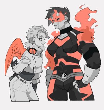 2girls arms_behind_back belt bodysuit boku_no_hero_academia closed_mouth cropped_jacket endeavor_(boku_no_hero_academia) fire genderswap genderswap_(mtf) greyscale hawks_(boku_no_hero_academia) headphones headphones_around_neck highres horocca looking_at_viewer monochrome multiple_girls scar scar_across_eye scar_on_face smile spot_color wings