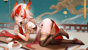 1girl absurdres ass black_panties black_pantyhose cake cake_slice china_dress chinese_clothes dress food fork fu_hua fu_hua_(phoenix) full_body highres holding holding_fork honkai_(series) honkai_impact_3rd long_hair looking_at_viewer mmgletmego nail_polish no_shoes panties pantyhose plate red_eyes red_nails soles solo strawberry_cake underwear white_dress white_hair