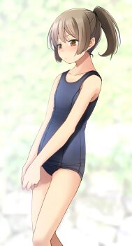 Rule 34 | 1girl, blue one-piece swimsuit, brown eyes, brown hair, commentary request, flat chest, highres, old school swimsuit, one-piece swimsuit, original, ponytail, school swimsuit, shibacha, solo, swimsuit