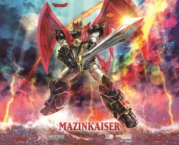 absurdres as&#039;maria box_art cloud cloudy_sky eye_trail floating full_body glint glowing glowing_eyes goodsmile_company highres holding holding_sword holding_weapon light_trail lightning logo mazinger_(series) mazinkaiser mazinkaiser_(robot) mecha moderoid no_humans official_art orange_eyes robot sky solo sunrise_stance super_robot sword weapon