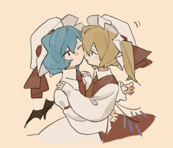 Rule 34 | 2girls, ascot, bat wings, black eyes, blonde hair, closed mouth, commentary request, crystal wings, dee (tannsumi), dot mouth, face-to-face, flandre scarlet, frilled hat, frills, frown, green ascot, hand on another's shoulder, hat, hat ribbon, hug, long sleeves, looking at another, mob cap, motion lines, multiple girls, one eye closed, one side up, purple hair, red ribbon, red skirt, red vest, remilia scarlet, ribbon, shirt, short hair, simple background, skirt, sleeves past wrists, touhou, vest, white hat, white shirt, wings, yellow background