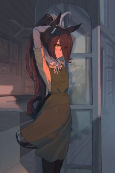 Rule 34 | 1girl, ahoge, animal ears, apron, black hair, black pants, blush, closed mouth, collared shirt, commentary request, dev grater, ear tag, earrings, green apron, hair between eyes, highres, horse ears, horse girl, horse tail, jewelry, layered sleeves, long bangs, long hair, long hair between eyes, long sleeves, looking at viewer, manhattan cafe (umamusume), multicolored hair, pants, ponytail, shirt, short over long sleeves, short sleeves, single earring, smile, solo, tail, tying hair, umamusume, very long hair, white hair, white shirt, yellow eyes, yellow shirt
