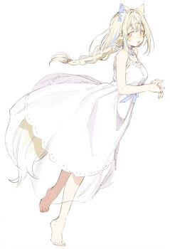 1girl abara_heiki alternate_costume animal_ear_fluff animal_ears barefoot blonde_hair blue_hair blue_nails blush braid breasts dog_ears dog_girl dog_tail dot_nose dress extra_ears feet full_body fuwawa_abyssgard hair_ornament half-closed_eyes hashtag-only_commentary highres hololive hololive_english large_breasts long_hair looking_at_viewer multicolored_hair nail_polish open_mouth own_hands_together pink_eyes plantar_flexion simple_background sleeveless sleeveless_dress solo streaked_hair sundress tail toenail_polish toenails toes white_background white_dress