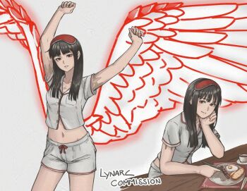 1girl alternate_costume arms_up artist_name black_hair bread bread_slice breasts cleavage coffee_mug commentary commission cup eating english_commentary english_text fire_emblem fire_emblem_heroes food fork fried_egg glowing glowing_wings grey_background head_rest holding holding_fork hraesvelgr_(fire_emblem) long_hair looking_at_viewer lynarc mask mask_on_head medium_breasts midriff mug multiple_views navel nintendo red_eyes red_trim sausage scar scar_on_arm shirt short_sleeves shorts sitting sleep_mask solo standing table thighs toast white_shirt white_shorts wings