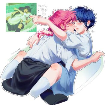 2girls a_uroraxd black_skirt blue_eyes blue_hair blue_skirt braid braided_ponytail brown_eyes highres hug leg_lock looking_at_each_other multiple_girls photo-referenced pink_hair pleated_skirt ranma-chan ranma_1/2 school_uniform shirt short_hair skirt socks spread_legs tendou_akane white_shirt white_socks yuri