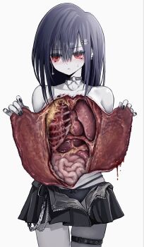 1girl averting_eyes bare_shoulders black_nails black_panties black_skirt blood blue_hair blush bone chain choker colored_skin commentary_request cowboy_shot ear_piercing earrings embarrassed grey_skin guro hair_between_eyes hair_ornament hairclip heart_(organ) highres intestines jewelry liver lungs multi-strapped_panties o-ring o-ring_choker open_clothes open_skirt original panties piercing pleated_skirt red_eyes simple_background skirt solo sweatdrop thigh_gap thigh_strap topless_female underwear unzipped white_background yu-ki_iwata zipper zombie