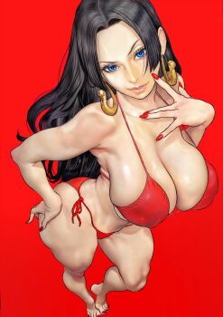 1girl absurdres b_0_rukia bare_shoulders barefoot bikini black_hair blue_eyes boa_hancock breasts collarbone earrings female_focus full_body hand_on_own_hip highres hoop_earrings jewelry large_breasts lips long_hair looking_at_viewer one_piece red_background shiny_skin simple_background snake_earrings solo solo_focus standing swimsuit