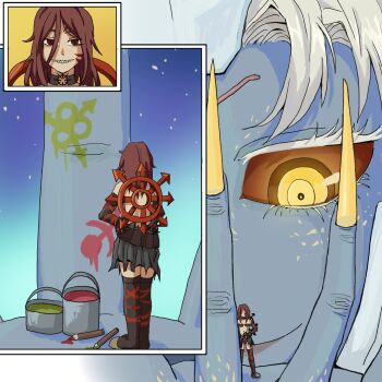 Rule 34 | 2girls, blue skin, brown hair, chaos (warhammer), colored skin, cultist-chan, giant, giantess, highres, journey to the west, medium hair, multiple girls, paint, parody, sharp teeth, smile, space, superfeyn, t'au, tau'va, teeth, warhammer 40k, white hair, yellow eyes