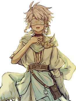 1boy :3 :d agatdg bag bandaged_arm bandages belt blindfold blue_scarf braid brown_belt brown_choker choker cowboy_shot eli_clark eli_clark_(white) facial_mark facing_viewer floating_hair gloves hair_intakes hand_on_own_chest highres identity_v male_focus official_alternate_costume open_mouth plunging_neckline satchel scarf single_glove smile solo tunic twin_braids white_gloves white_hair white_tunic