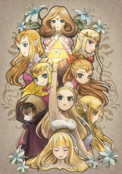 Rule 34 | 0niwanoki, blonde hair, blue eyes, commentary request, highres, hyrule warriors, jewelry, looking at viewer, multiple girls, multiple persona, necklace, nintendo, pointy ears, princess zelda, silent princess, smile, tagme, the legend of zelda, the legend of zelda: a link to the past, the legend of zelda: breath of the wild, the legend of zelda: ocarina of time, the legend of zelda: oracle of ages, the legend of zelda: oracle of seasons, the legend of zelda: skyward sword, the legend of zelda: the wind waker, the legend of zelda: twilight princess, toon zelda, triforce, variations