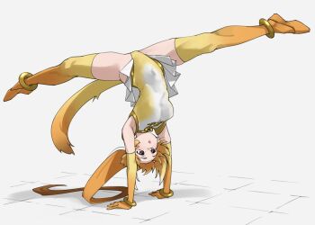 1girl acrobatics animal_ears balancing blonde_hair breasts circlet commentary_request elbow_gloves flexible full_body gloves golden_snub-nosed_monkey_(kemono_friends) handstand kemono_friends large_breasts leotard long_hair monkey_ears monkey_tail multicolored_hair open_mouth orange_hair ponytail skirt solo split tail tanabe_(fueisei) thighhighs upside-down