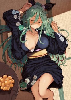 1girl areola_slip bare_legs black_kimono black_ribbon blush closed_eyes commentary_request covered_erect_nipples floral_print food fruit furisode green_hair hair_between_eyes hair_ornament hair_ribbon hairclip highres japanese_clothes kantai_collection kimono long_hair lying mandarin_orange obi open_clothes open_kimono ponytail ribbon sash sleeping solo suzuki_toto table tatami wide_sleeves yamakaze_(kancolle) yamakaze_(new_year)_(kancolle)