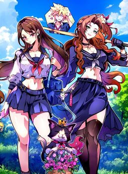 1boy 2girls aerith_gainsborough aerith_gainsborough_(midgard_seventh_high_school) black_hair black_sailor_collar black_serafuku breasts brown_hair cait_sith_(final_fantasy) character_charm charm_(object) cleavage cloud_strife cloud_strife_(midgard_seventh_high_school) delinquent final_fantasy final_fantasy_vii final_fantasy_vii:_ever_crisis flower_basket green_eyes highres long_hair long_skirt low-tied_long_hair moogle multiple_girls neckerchief official_alternate_costume poison_the_cat red_eyes sailor_collar school_uniform serafuku skirt spiked_hair thighhighs tifa_lockhart tifa_lockhart_(midgard_seventh_high_school) white_neckerchief