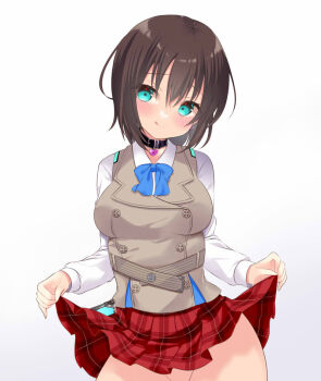 Rule 34 | 1girl, :q, aoi erika, aqua eyes, belt collar, black hair, blue bow, blue bowtie, blush, bow, bowtie, breasts, brown vest, buttons, closed mouth, clothes lift, collar, collared shirt, commentary request, commission, cowboy shot, double-breasted, eyes visible through hair, hair between eyes, heart-shaped lock, heaven burns red, large breasts, lifting own clothes, long sleeves, looking at viewer, medium hair, miniskirt, naughty face, no panties, out-of-frame censoring, plaid clothes, plaid skirt, pleated skirt, red skirt, shirt, simple background, skeb commission, skirt, skirt lift, smile, solo, tongue, tongue out, tosakaoil, vest, white background, white shirt