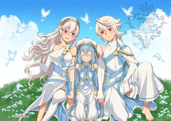 Rule 34 | 1boy, 2girls, :d, asymmetrical clothes, azura (fire emblem), azura (young) (fire emblem), bare shoulders, breasts, collarbone, commentary request, dress, elbow gloves, female corrin (adrift) (fire emblem), female corrin (fire emblem), fingerless gloves, fire emblem, fire emblem fates, fire emblem heroes, gloves, grabbing another's arm, hair between eyes, happy, highres, long hair, male corrin (adrift) (fire emblem), male corrin (fire emblem), medium breasts, multiple girls, nintendo, official alternate costume, open mouth, outdoors, pointy ears, red eyes, single-shoulder dress, smile, touya (55tohya), veil, very long hair, white dress