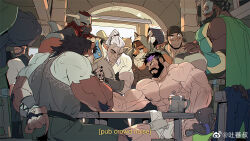 6+boys abs alcohol arm_behind_back arm_wrestling bar_(place) bara beard beer biceps black_hair blush boxer_briefs bulge cape chair come_hither elf english_text eye_contact facial_hair fantasy feet_out_of_frame fox_boy from_side frown furry furry_with_non-furry green_cape highres interspecies large_pectorals lion_boy long_beard looking_at_another looking_back male_focus male_underwear mask mature_male medium_hair minotaur multicolored_hair multiple_boys muscular muscular_arms muscular_male nipples on_chair original overpowering pectoral_cleavage pectorals pointy_ears purple_hair referee seductive_smile shoes short_hair shorts shy sideburns sidepec sleeveless smile stomach streaked_hair strip_game strongman_waist subtitled thick_eyebrows thighs tooboshoo topless_male triceps underwear unworn_clothes unworn_shoes white_male_underwear yaoi