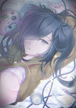 1girl ame-chan_(needy_girl_overdose) areola_slip arms_up bed bed_sheet black_hair bound bound_arms bra breasts controller drugs grey_eyes highres looking_at_viewer medicine medicine_bottle needy_girl_overdose one_eye_covered pill pill_bottle pink_bra restrained sanmalemon short_hair sidelocks solo twintails underboob underwear