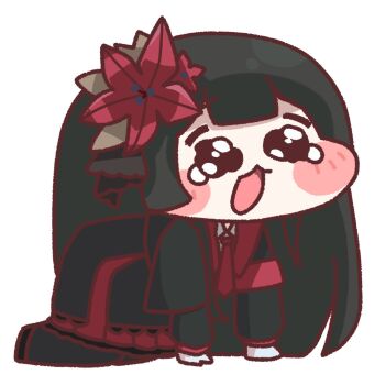 Rule 34 | 1girl, all fours, black eyes, black hair, black shirt, blush, chibi, chibi only, hair ornament, highres, mahou shoujo no majo saiban, meme, necktie, nikaido hiro, noromoko, open mouth, red necktie, shirt, simple background, solo, speakiposting (meme), tearing up, tears, trickcal, white background