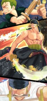 1boy 89gino05 abs age_progression bandana child dated green_hair happy_birthday holding holding_sword holding_weapon japanese_clothes kimono large_pectorals male_focus muscular muscular_male no_nipples one_piece pectorals roronoa_zoro scar scar_across_eye scar_on_face short_hair split_screen sword topless_male triple_wielding weapon