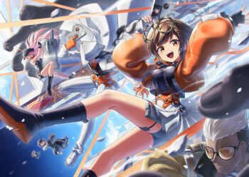 1boy 1other 3girls :d arms_up bike_shorts bike_shorts_under_skirt black_boots black_dress black_gloves black_hat black_skirt blue_sky boots brown_hair closed_mouth coat commentary_request dress eyewear_on_head falling fingerless_gloves gloves group_leader_(xinyue_tongxing) gun hat highres holding holding_gun holding_weapon jacket long_hair looking_at_viewer mingshuang_(xinyue_tongxing) miniskirt multiple_girls newsboy_cap open_mouth orange_gloves orange_jacket pants pink_hair qianqiu_(xinyue_tongxing) rlyo_(ryo_relation) shoes short_hair skirt sky smile solo_focus tinted_eyewear weapon white_coat white_hair white_hat white_pants white_shoes white_skirt xingliang_(xinyue_tongxing) xinyue_tongxing yellow-tinted_eyewear yellow_eyes zhongyuan_(xinyue_tongxing)