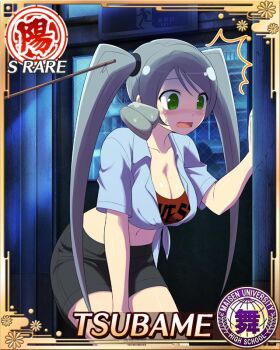 Rule 34 | 1girl, black shorts, blue shirt, border, breasts, card (medium), character name, cleavage, cropped shirt, fishing line, game cg, green eyes, grey hair, hand on own thigh, large breasts, long hair, midriff, navel, night, official art, red shirt, scared, senran kagura, senran kagura new wave, shirt, shorts, solo, sponge, surprised, swept bangs, third-party source, tied shirt, tsubame (senran kagura), twintails, very long hair