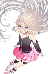 Rule 34 | 1girl, ahoge, asymmetrical legwear, bare shoulders, blue eyes, braid, expressionless, from above, gradient eyes, grey hair, hair between eyes, hair spread out, highres, ia (vocaloid), long hair, multicolored eyes, pink skirt, pleated skirt, skirt, standing, thigh strap, thighs, totakuni999, vocaloid