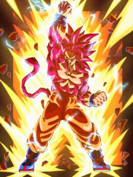 1boy arm_up aura blue_boots body_fur boots brown_background commentary_request debris dragon_ball dragon_ball_daima electricity highres long_hair male_focus monkey_tail muscular muscular_male orange_pants pants red_eyes red_fur red_hair red_tail revision simple_background solo son_goku spiked_hair super_saiyan super_saiyan_4 tail topless_male yuyu09010316