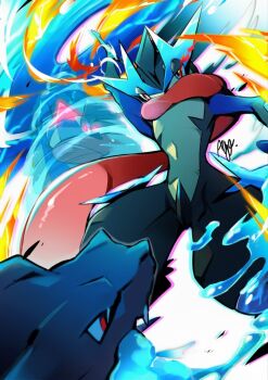 ash-greninja ayo_(ayosanri009) blue_fire breath_weapon breathing_fire charizard dragon fire frog gen_1_pokemon gen_6_pokemon greninja highres long_tongue mega_charizard_x mega_greninja mega_pokemon ninja nintendo no_humans pokemon pokemon_(creature) pokemon_focus red_nose shuriken tongue tongue_scarf very_long_tongue water_shuriken_(pokemon) weapon