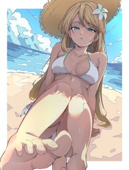 1girl absurdres bare_legs barefoot bikini blonde_hair braid breasts crown_braid eiyuu_densetsu elaine_auclair feet foot_focus green_eyes hat highres kuro_no_kiseki_(series) legs looking_at_viewer naisu_(nai_su01) ocean open_mouth sand straw_hat swimsuit white_bikini