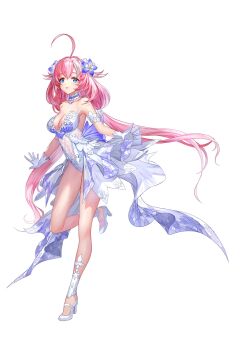 1girl ahoge artist_request back_ribbon bare_legs blue_eyes breasts bride choker commentary commentary_request dress english_commentary flower frilled_choker frills full_body gloves hair_flower hair_ornament high_heels highres king's_raid korean_commentary large_breasts large_ribbon layered_dress long_hair low_twintails mixed-language_commentary multicolored_hair navel nontraditional_wedding_dress official_alternate_costume official_art pink_hair purple_choker purple_flower purple_ribbon ribbon second-party_source see-through_clothes see-through_dress shea_(king's_raid) shoes short_dress solo standing standing_on_one_leg streaked_hair twintails very_long_hair wedding_dress white_choker white_dress white_gloves white_hair white_shoes white_streaks